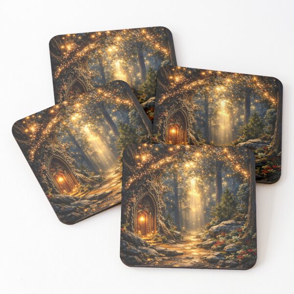Item preview, Enchanted Forest Door with Golden Lights – Magical Fairy Tale Woodland Art Print designed and sold by Kaleidoscope Print.