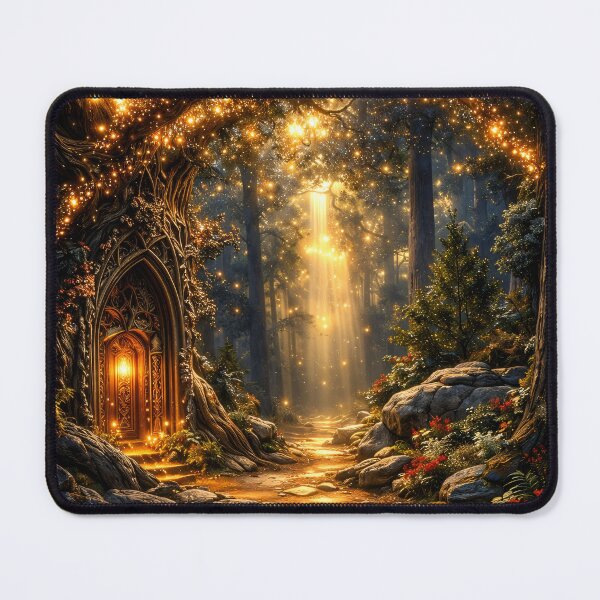 Item preview, Enchanted Forest Door with Golden Lights – Magical Fairy Tale Woodland Art Print designed and sold by Kaleidoscope Print.