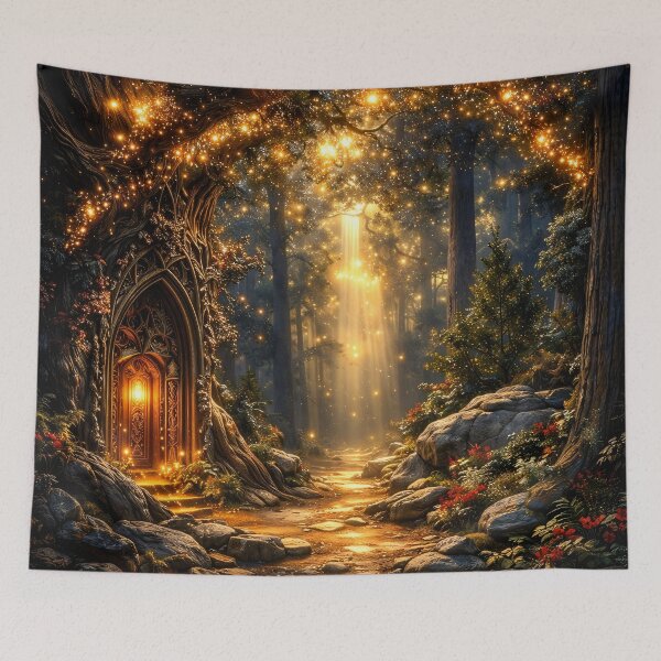 Item preview, Enchanted Forest Door with Golden Lights – Magical Fairy Tale Woodland Art Print designed and sold by Kaleidoscope Print.