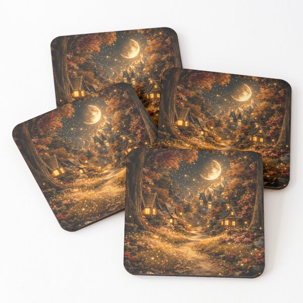 Item preview, Enchanted Autumn Village Under Crescent Moon – Magical Fantasy Forest Art Print designed and sold by Kaleidoscope Print.