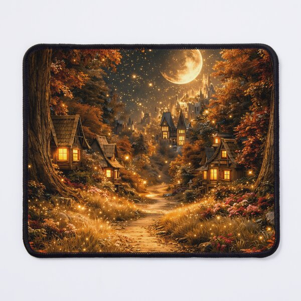 Item preview, Enchanted Autumn Village Under Crescent Moon – Magical Fantasy Forest Art Print designed and sold by Kaleidoscope Print.
