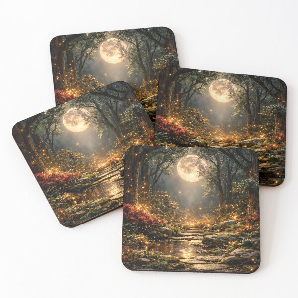 Item preview, Enchanted Moonlit Forest with Golden Fireflies – Magical Fantasy Woodland Art Print designed and sold by Kaleidoscope Print.