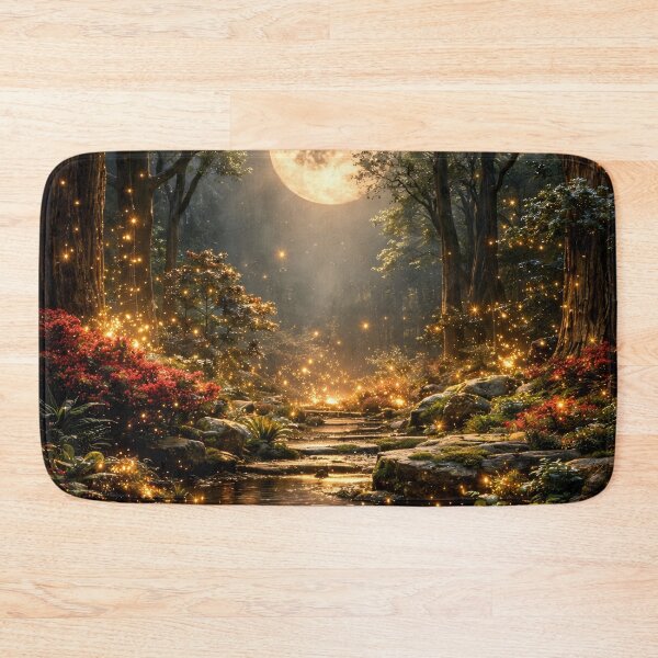 Item preview, Enchanted Moonlit Forest with Golden Fireflies – Magical Fantasy Woodland Art Print designed and sold by Kaleidoscope Print.