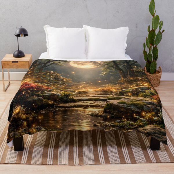 Item preview, Enchanted Moonlit Forest with Golden Fireflies – Magical Fantasy Woodland Art Print designed and sold by Kaleidoscope Print.