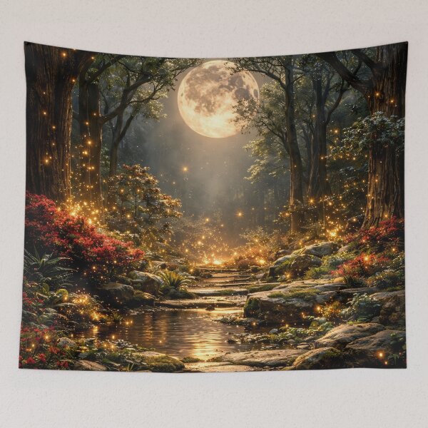 Item preview, Enchanted Moonlit Forest with Golden Fireflies – Magical Fantasy Woodland Art Print designed and sold by Kaleidoscope Print.