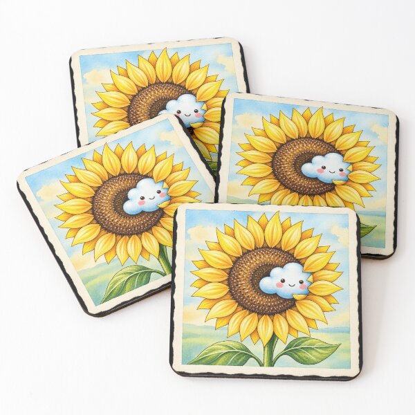 Item preview, Cute Sunflower and Smiling Cloud – Kawaii Sunshine Flower Garden Watercolor Art designed and sold by MrDev.