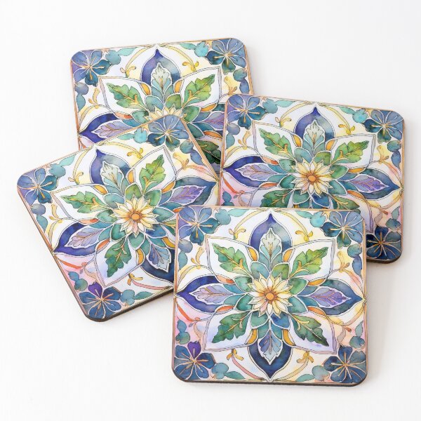 Item preview, Watercolor Floral Mandala Tile Art designed and sold by HappyOops.