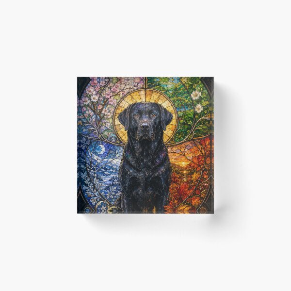 Item preview, The Black Labrador of the Four Seasons – Faithful Guardian in Stained Glass designed and sold by Pixel Sakura Gallery.