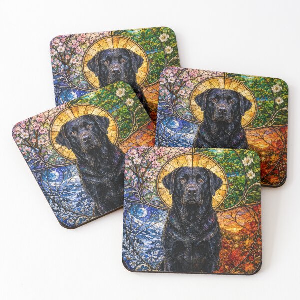 Item preview, The Black Labrador of the Four Seasons – Faithful Guardian in Stained Glass designed and sold by Pixel Otaku Gallery.