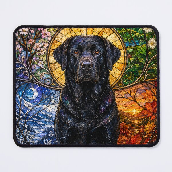 Item preview, The Black Labrador of the Four Seasons – Faithful Guardian in Stained Glass designed and sold by Pixel Otaku Gallery.