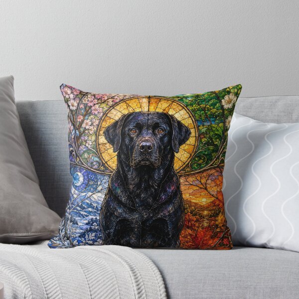 Item preview, The Black Labrador of the Four Seasons – Faithful Guardian in Stained Glass designed and sold by Pixel Otaku Gallery.