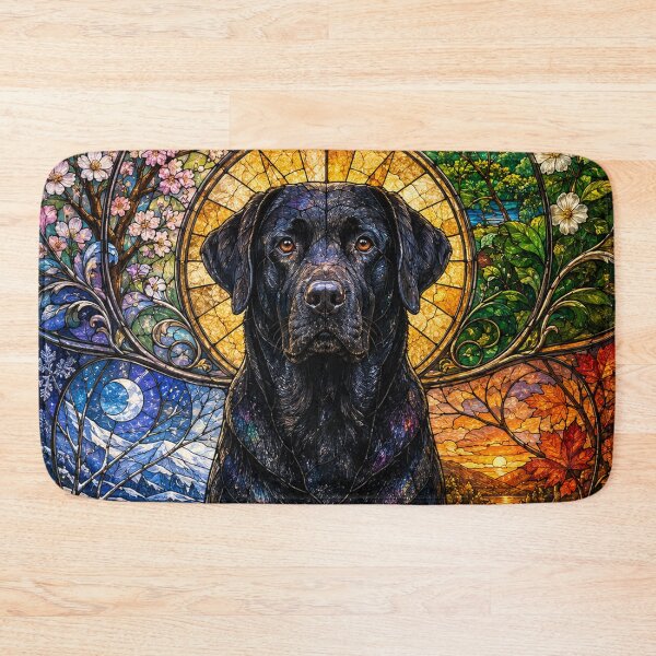 Item preview, The Black Labrador of the Four Seasons – Faithful Guardian in Stained Glass designed and sold by Pixel Sakura Gallery.