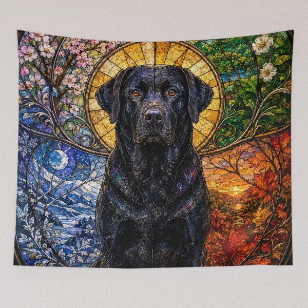 Item preview, The Black Labrador of the Four Seasons – Faithful Guardian in Stained Glass designed and sold by Pixel Sakura Gallery.