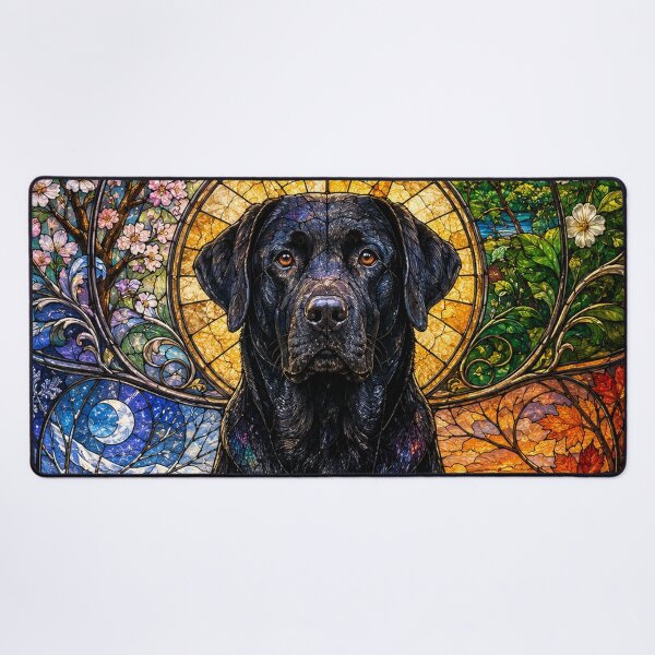 Item preview, The Black Labrador of the Four Seasons – Faithful Guardian in Stained Glass designed and sold by Pixel Sakura Gallery.