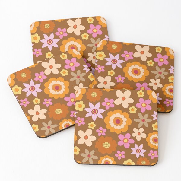 Item preview, Retro 60s 70s Colourful vibrant Floral Blooms all over on brown background designed and sold by PrettywithColor.
