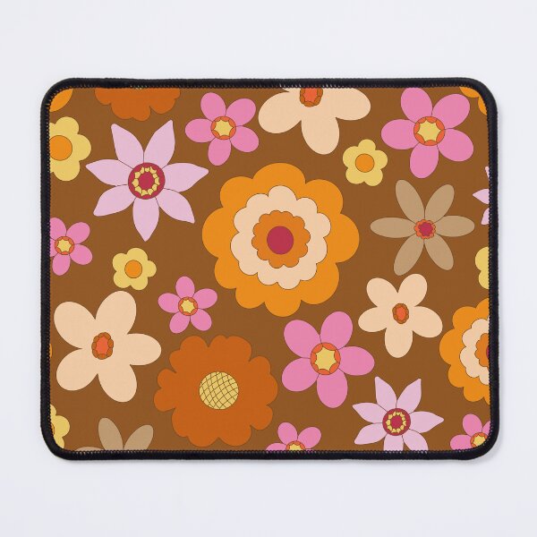 Item preview, Retro 60s 70s Colourful vibrant Floral Blooms all over on brown background designed and sold by PrettywithColor.