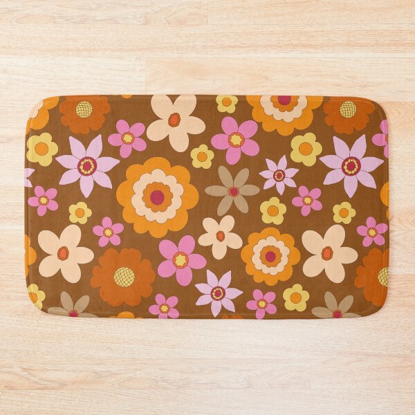 Item preview, Retro 60s 70s Colourful vibrant Floral Blooms all over on brown background designed and sold by PrettywithColor.