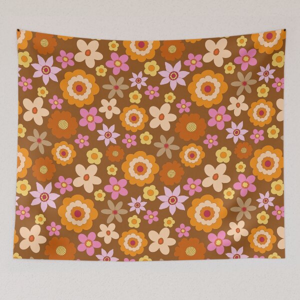 Item preview, Retro 60s 70s Colourful vibrant Floral Blooms all over on brown background designed and sold by PrettywithColor.