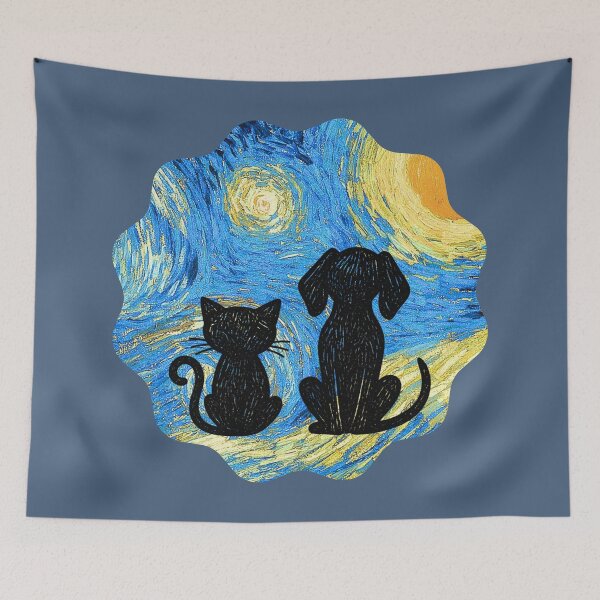 Item preview, Cat & dog Van Gogh Starry Night - Round designed and sold by 247DesignStudio.