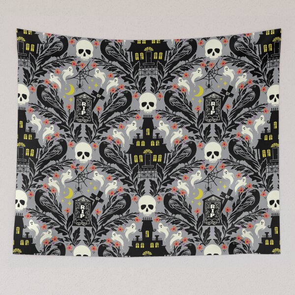 Item preview, Halloween damask with haunted house, skulls, and ravens designed and sold by Jennifer Ladd.
