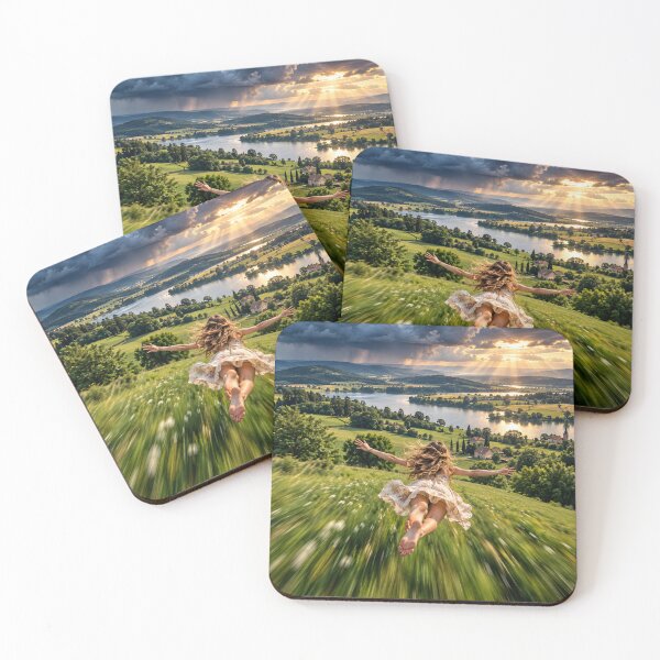 Item preview, Freedom Flight – Woman Flying Over a Dreamy Sunset Lake View designed and sold by IRON SIREN.