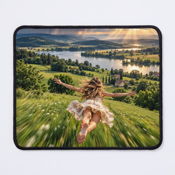 Item preview, Freedom Flight – Woman Flying Over a Dreamy Sunset Lake View designed and sold by IRON SIREN.