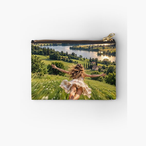 Item preview, Freedom Flight – Woman Flying Over a Dreamy Sunset Lake View designed and sold by IRON SIREN.