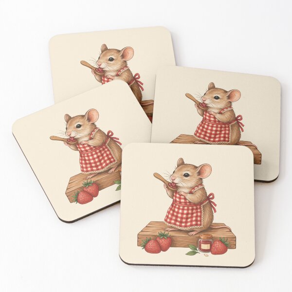 Item preview, a cute small field mouse with soft fur textures, sitting peacefully on a rustic wooden block while happily licking a carved wooden spoon coated in glossy ruby red strawberry jam designed and sold by 123ks.