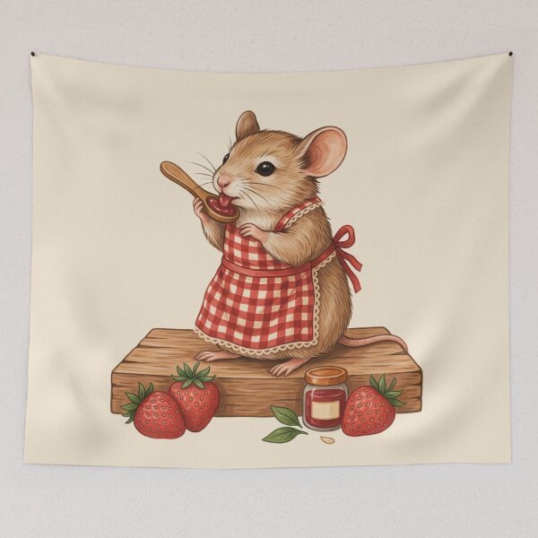 Item preview, a cute small field mouse with soft fur textures, sitting peacefully on a rustic wooden block while happily licking a carved wooden spoon coated in glossy ruby red strawberry jam designed and sold by 123ks.