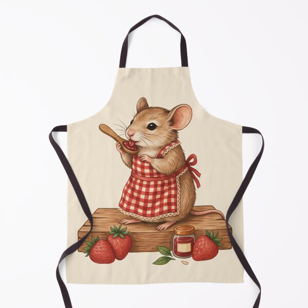 Item preview, a cute small field mouse with soft fur textures, sitting peacefully on a rustic wooden block while happily licking a carved wooden spoon coated in glossy ruby red strawberry jam designed and sold by 123ks.