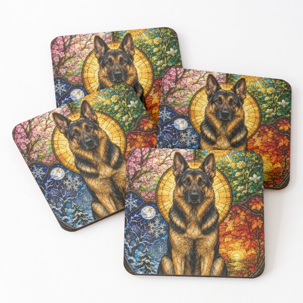 Item preview, The German Shepherd of the Four Seasons – Majestic Protector in Stained Glass designed and sold by Pixel Sakura Gallery.