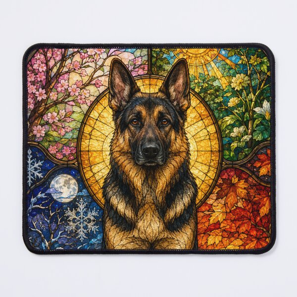 Item preview, The German Shepherd of the Four Seasons – Majestic Protector in Stained Glass designed and sold by Pixel Sakura Gallery.
