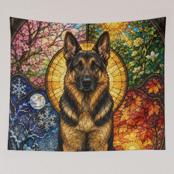 Item preview, The German Shepherd of the Four Seasons – Majestic Protector in Stained Glass designed and sold by Pixel Otaku Gallery.