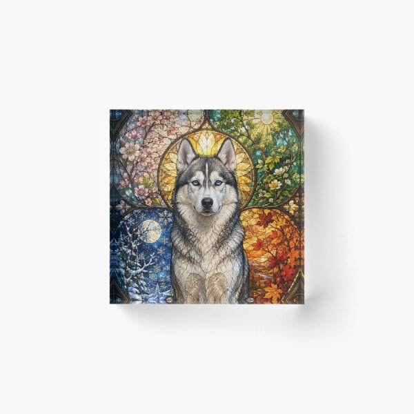 Item preview, The Siberian Husky of the Four Seasons – Guardian of the North in stained glass designed and sold by Pixel Otaku Gallery.