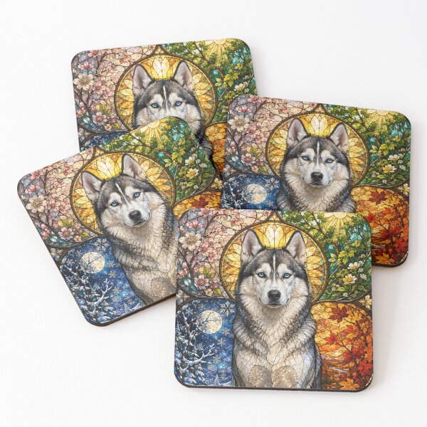 Item preview, The Siberian Husky of the Four Seasons – Guardian of the North in stained glass designed and sold by Pixel Otaku Gallery.