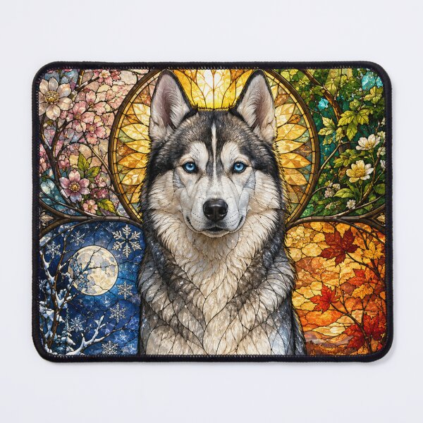 Item preview, The Siberian Husky of the Four Seasons – Guardian of the North in stained glass designed and sold by Pixel Otaku Gallery.