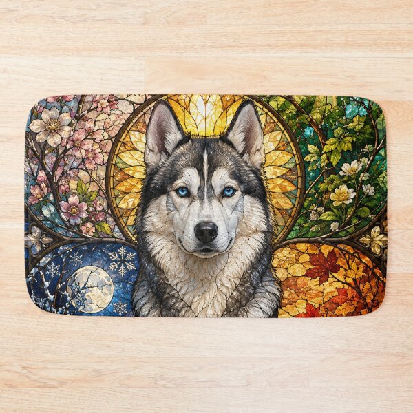 Item preview, The Siberian Husky of the Four Seasons – Guardian of the North in stained glass designed and sold by Pixel Otaku Gallery.