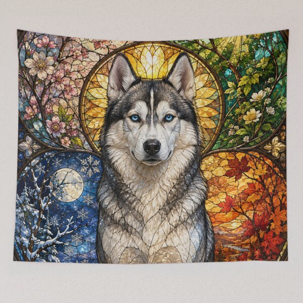 Item preview, The Siberian Husky of the Four Seasons – Guardian of the North in stained glass designed and sold by Pixel Sakura Gallery.
