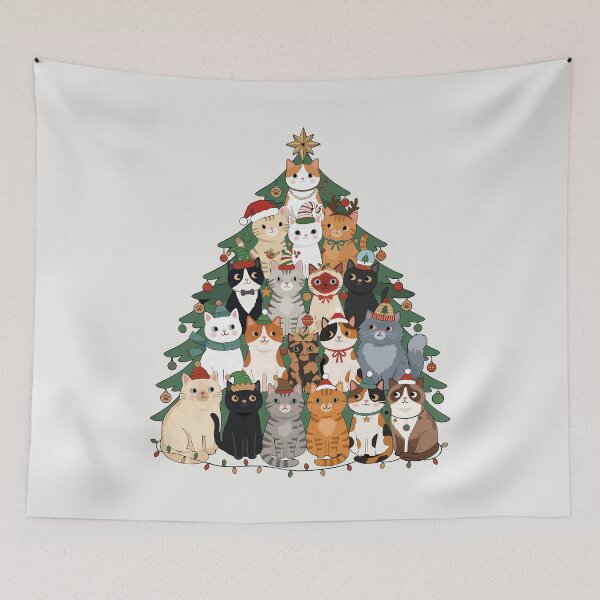 Item preview, Christmas Cat Tree Full of Festive Feline Friends designed and sold by FreshVibe Prints.