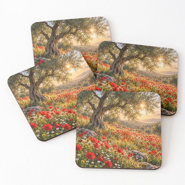 Item preview, Mediterranean Poppy Fields – Ancient Olive Tree at Golden Hour Countryside designed and sold by IRON SIREN.