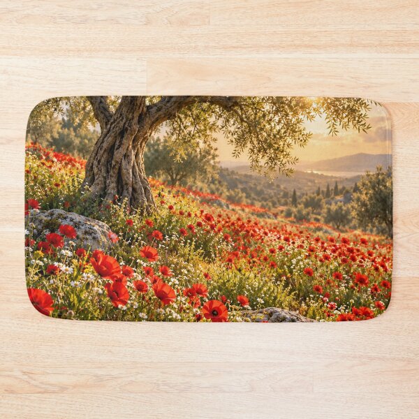 Item preview, Mediterranean Poppy Fields – Ancient Olive Tree at Golden Hour Countryside designed and sold by IRON SIREN.