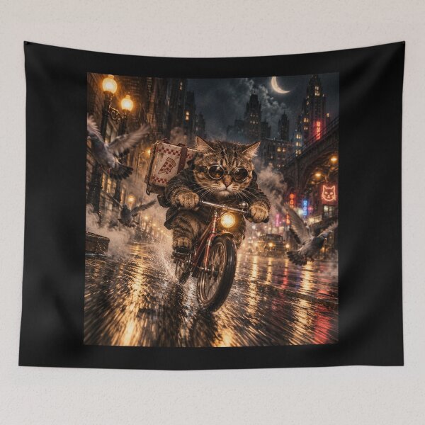 Item preview, Pizza Delivery Cat on Bicycle – Retro Night City Adventure designed and sold by will freed18.