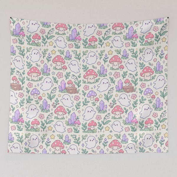 Item preview, Kawaii Ghost Mushroom Pattern designed and sold by Soft Berry Studio.