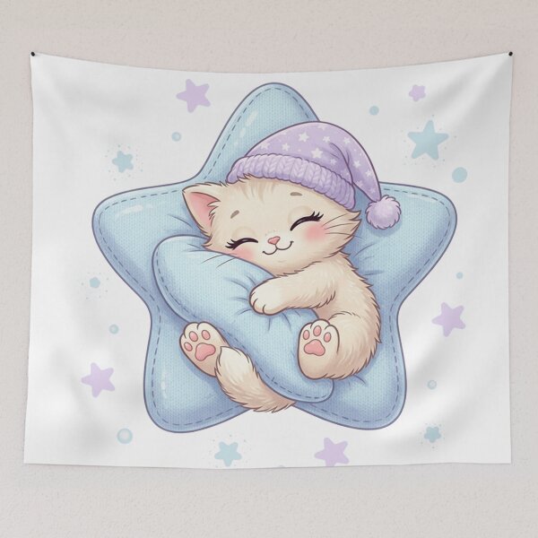 Item preview, Star Pillow Kitten – Sleeping Baby Cat Motif designed and sold by Herzbaumatelier.