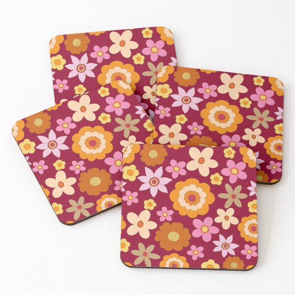 Item preview, Retro 60s 70s Colourful vibrant Floral Blooms all over on maroon red background designed and sold by PrettywithColor.