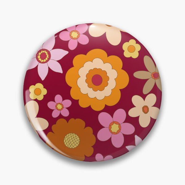 Item preview, Retro 60s 70s Colourful vibrant Floral Blooms all over on maroon red background designed and sold by PrettywithColor.