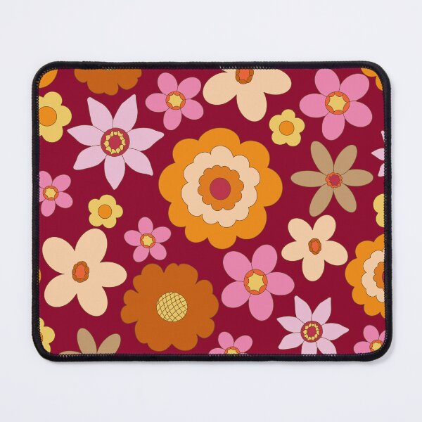 Item preview, Retro 60s 70s Colourful vibrant Floral Blooms all over on maroon red background designed and sold by PrettywithColor.