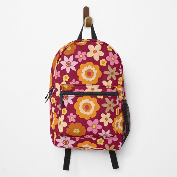 Item preview, Retro 60s 70s Colourful vibrant Floral Blooms all over on maroon red background designed and sold by PrettywithColor.