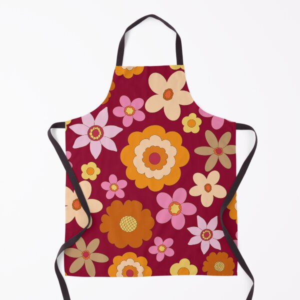Item preview, Retro 60s 70s Colourful vibrant Floral Blooms all over on maroon red background designed and sold by PrettywithColor.