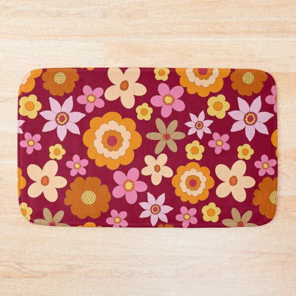Item preview, Retro 60s 70s Colourful vibrant Floral Blooms all over on maroon red background designed and sold by PrettywithColor.